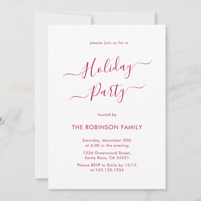 Minimal Elegant Red Calligraphy Holiday Party Invitation (Front)