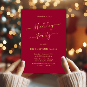 Minimal Elegant Red Gold Calligraphy Holiday Party Invitation