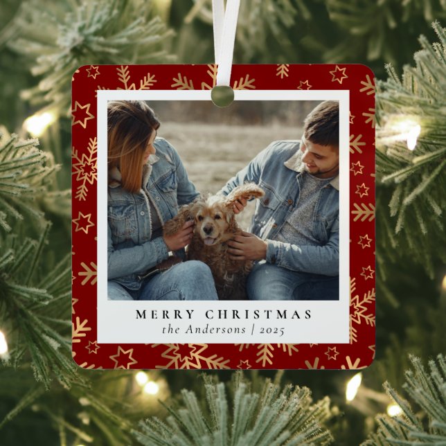 Minimal Elegant Red Gold Christmas Couple Photo Metal Ornament (Insitu)