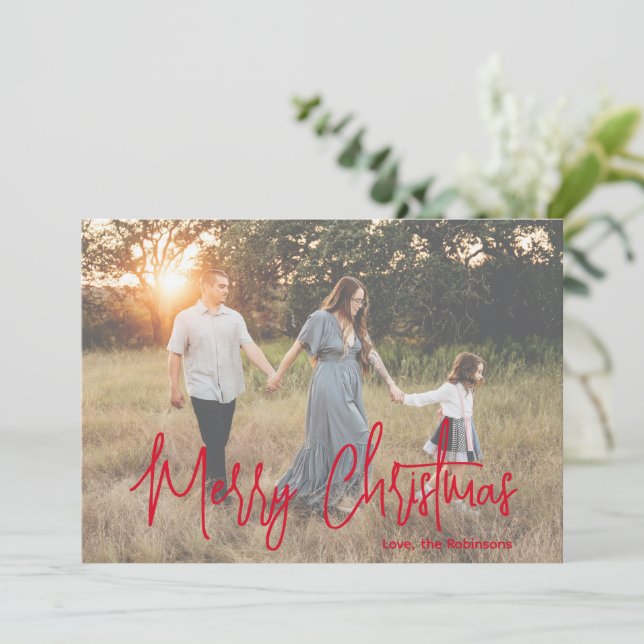 Minimal Elegant Red Script Photo Modern Christmas Holiday Card (Standing Front)