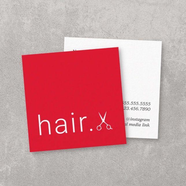 Minimal Elegant Red White Scissors Hairstylist Square Business Card (Creator Uploaded)