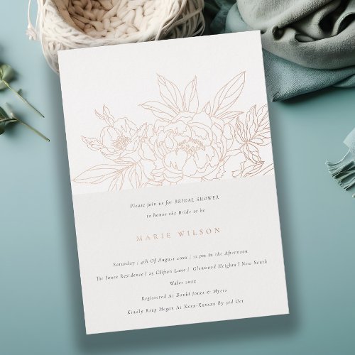 Minimal Elegant Rose Floral Sketch Bridal Shower Foil Invitation