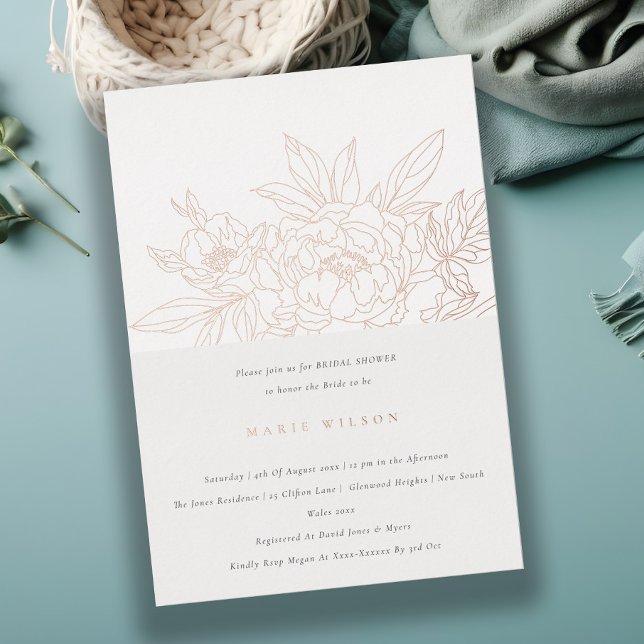 Minimal Elegant Rose Floral Sketch Bridal Shower Foil Invitation (Creator Uploaded)