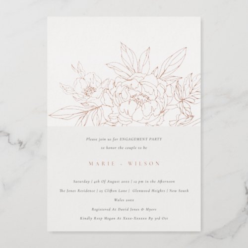 Minimal Elegant Rose Floral Sketch Engagement Foil Invitation