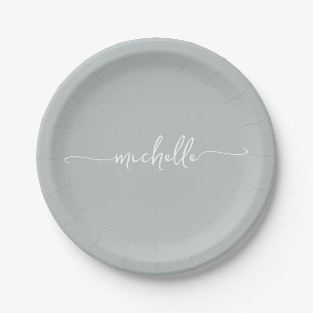 Minimal Elegant Sage Green Monogram Script Paper Plates (Front)