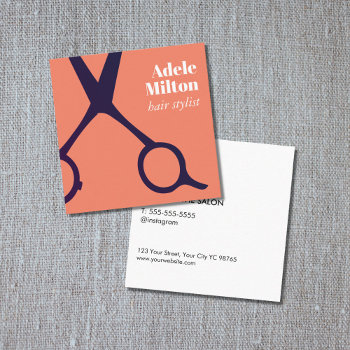 Minimal Elegant Salmon Blue Scissors Hairstylist Square Business Card by pro_business_card at Zazzle