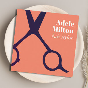 Minimal Elegant Salmon Blue Scissors Hairstylist Square Business Card