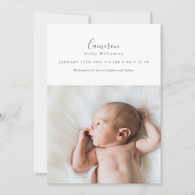 Minimal Elegant Script 2 Photo Newborn Stats Birth Announcement (Front)