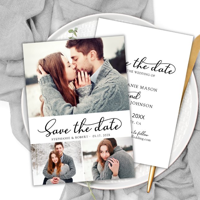 Minimal Elegant Script 3 Photo Collage Wedding Save The Date (Creator Uploaded)