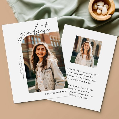 Minimal Elegant Script Arch Two Photo Graduation Announcement