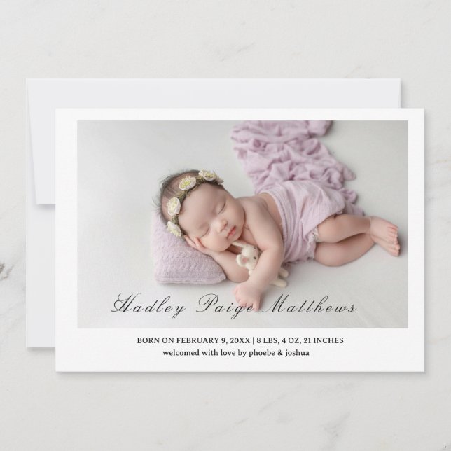 Minimal Elegant Script Baby Girl Arrival Card (Front)