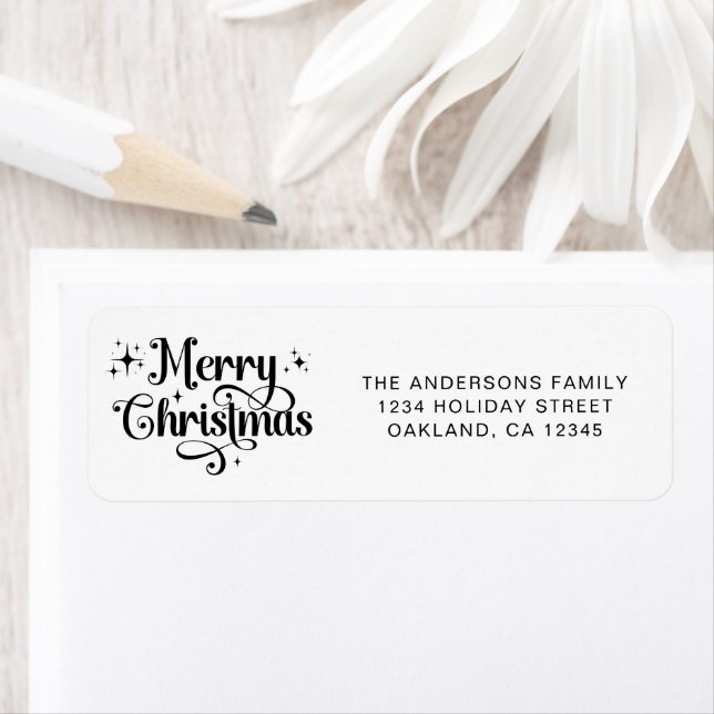 Minimal Elegant Script Black White Merry Christmas Label (Insitu)