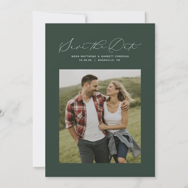 Minimal elegant script hunter green photo save the date (Front)