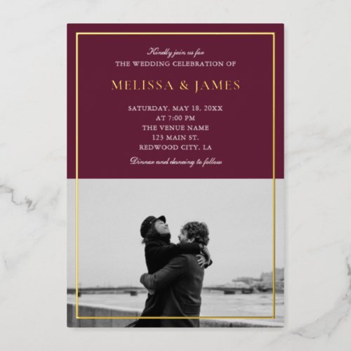Minimal Elegant Script Photo Marsala Wedding Foil Invitation