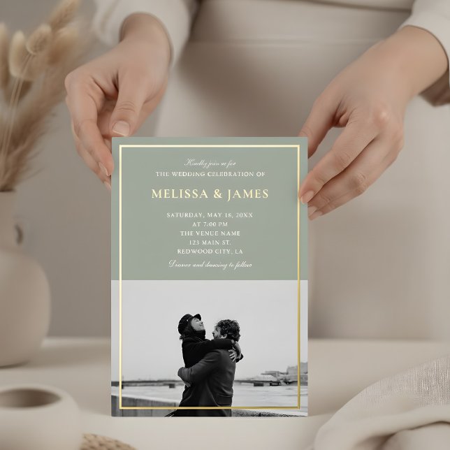 Minimal Elegant Script Photo Sage Green Wedding Foil Invitation (Creator Uploaded)