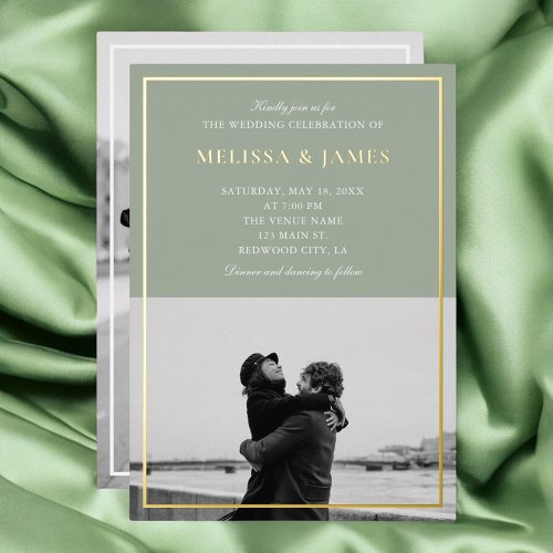 Minimal Elegant Script Photo Sage Green Wedding Foil Invitation