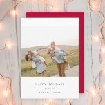 Minimal Elegant Simple Christmas Family Photo Red Holiday Card<br><div class="desc">A stylish minimal photo holiday card with classic typography "Happy Holidays" in black on a clean simple minimalist white background and a rich red feature color on the reverse. The photo, holiday greeting and name can be easily customized for a personal touch. A simple, minimalist and contemporary christmas design to...</div>