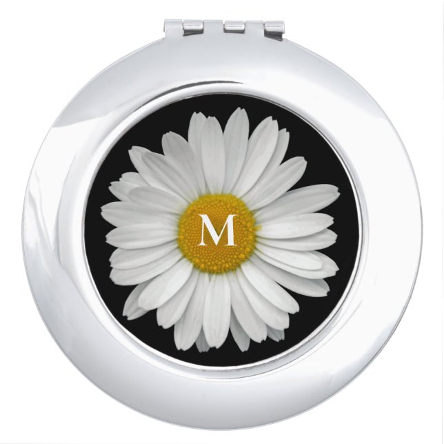 Minimal Elegant Simple Daisy Flower with Monogram Compact Mirror (Front)