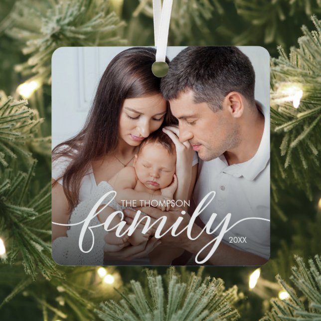 Minimal Elegant Simple Family love Christmas Photo Metal Ornament (Insitu)
