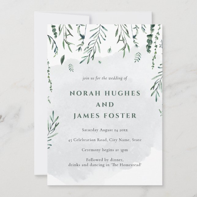 Minimal Elegant Simple Watercolor Leaves Wedding Invitation (Front)