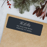 Minimal Elegant Stylish Black Return Address Label<br><div class="desc">A stylish modern holiday return address label with a handwritten script font for your family name in white with a dark bluish off black feature color in a 'scandi' scandinavian design style. The name and address can be easily customized for a personal touch. A trendy, minimalist and contemporary design to...</div>