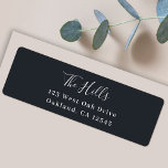 Minimal Elegant Stylish Black Return Address Label<br><div class="desc">A stylish modern holiday return address label with a handwritten script font for your family name in white with a dark bluish off black feature color in a 'scandi' scandinavian design style. The name and address can be easily customized for a personal touch. A trendy, minimalist and contemporary design to...</div>