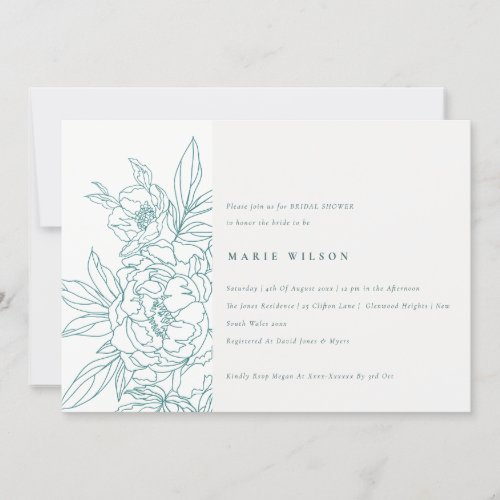 Minimal Elegant Teal Floral Sketch Bridal Shower Invitation