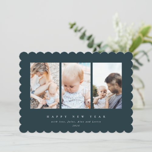 Minimal Elegant Three Photo Happy New Year Holiday Card