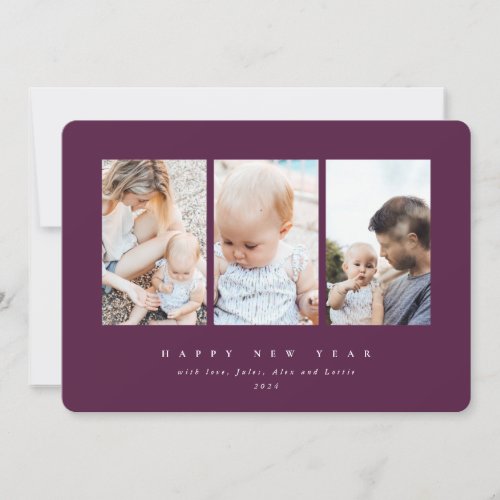 Minimal Elegant Three Photo Happy New Year Holiday Card