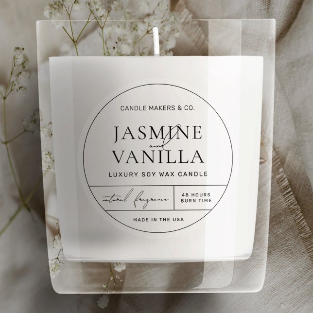 Minimal Elegant Translucent Round Candle Jar Label (Minimalist clear product labels with fully editable text and layout)