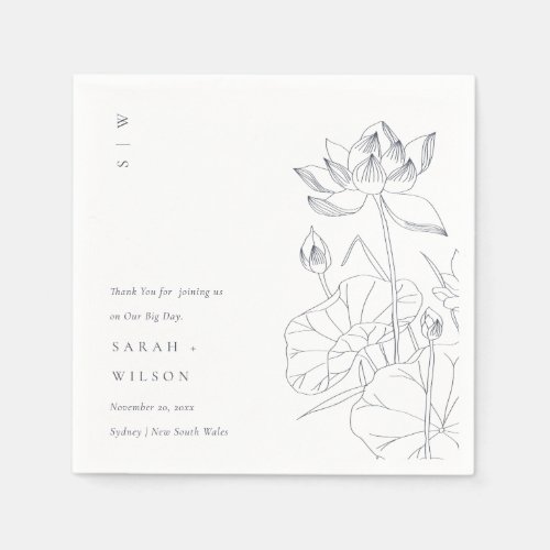 Minimal Elegant Waterlily Floral Sketch Wedding Napkins