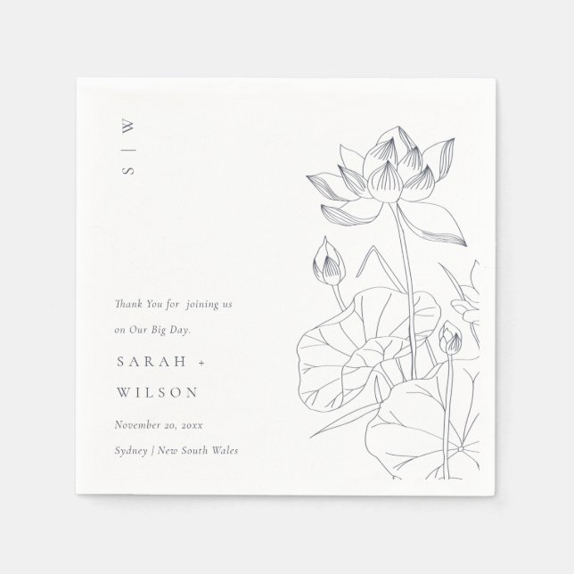 Minimal Elegant Waterlily Floral Sketch Wedding Napkins (Front)