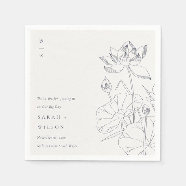 Minimal Elegant Waterlily Floral Sketch Wedding Napkins (Front)