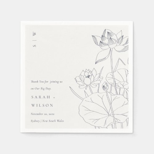 Minimal Elegant Waterlily Floral Sketch Wedding Napkins