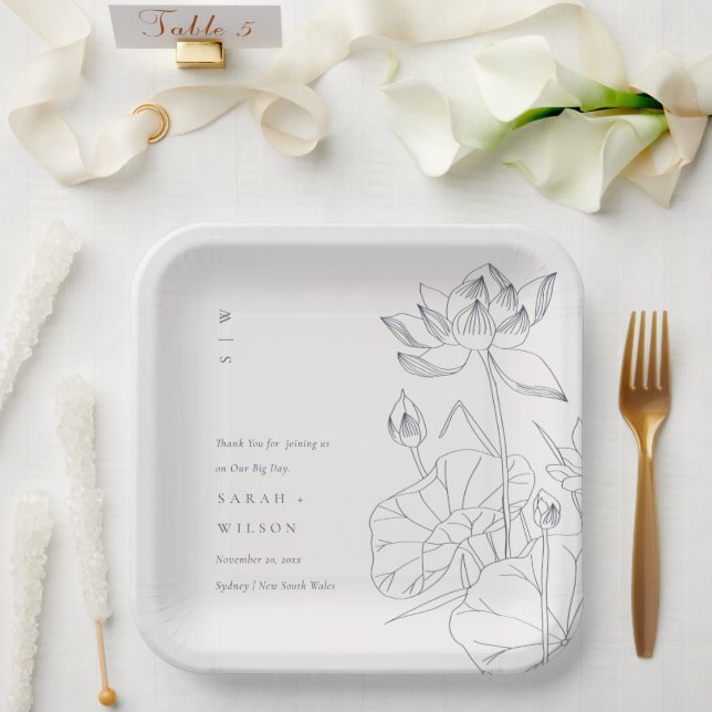 Minimal Elegant Waterlily Floral Sketch Wedding Paper Plates (Wedding)
