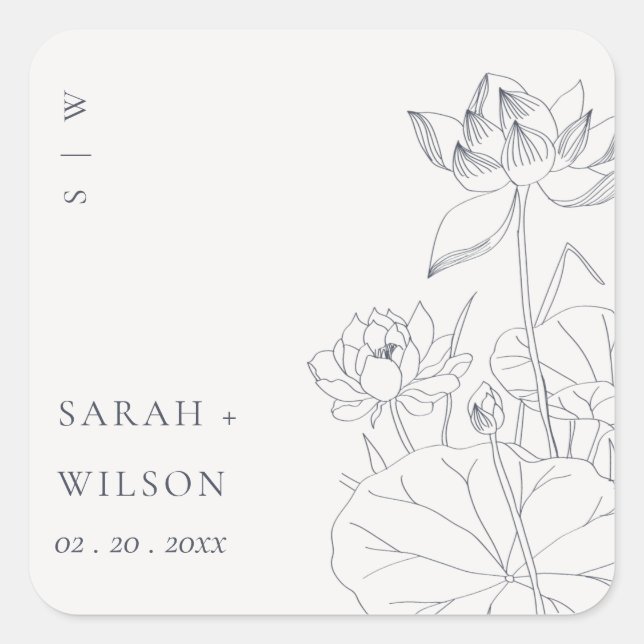 Minimal Elegant Waterlily Floral Sketch Wedding Square Sticker (Front)
