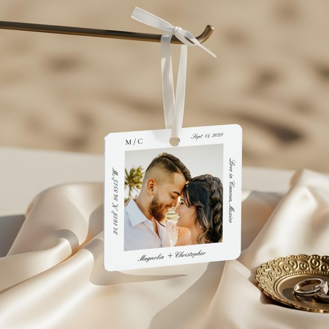 Minimal Elegant Wedding Honeymoon Photo keepsake Metal Ornament (Minimal Elegant Wedding Honeymoon Photo keepsake Metal Ornament)