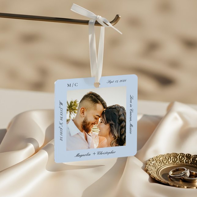 Minimal Elegant Wedding Honeymoon Photo keepsake Metal Ornament (Minimal Elegant Wedding Honeymoon Photo keepsake Metal Ornament3)