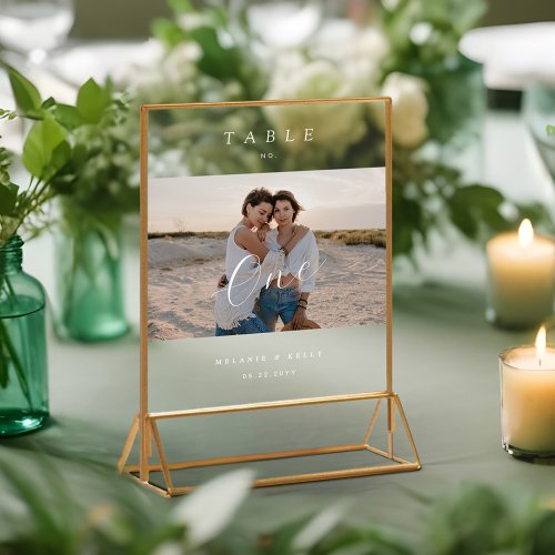 Minimal Elegant Wedding Script Photo Table Number Acrylic Sign