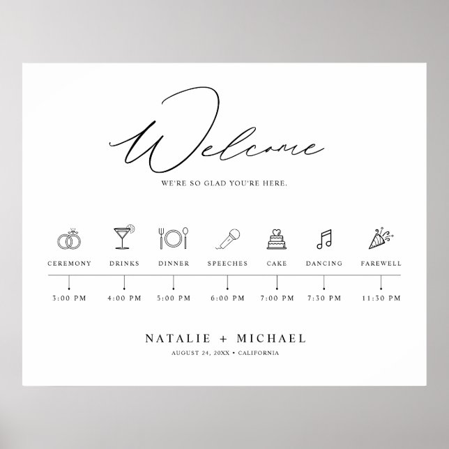 Minimal Elegant Wedding Welcome Sign with Timeline (Front)