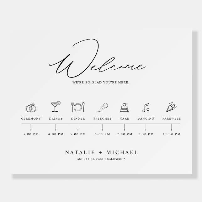 Minimal Elegant Wedding Welcome Sign with Timeline (Front)