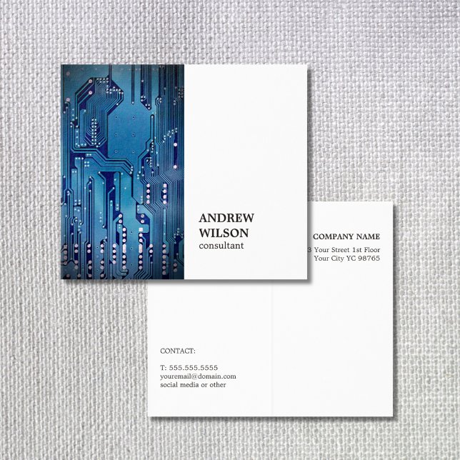 Minimal Elegant White Blue CircuitBoard Consultant Business Card (Creator Uploaded)