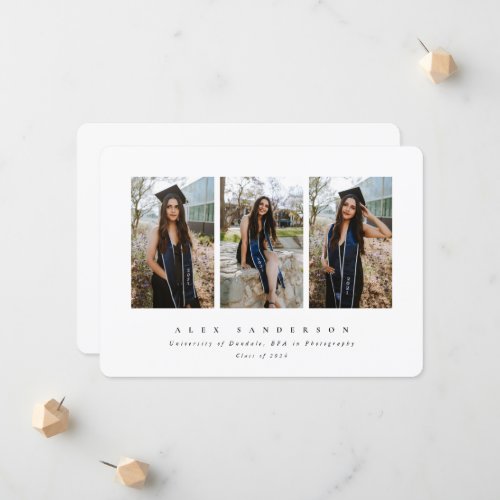 Minimal Elegant White Triple Photo Graduation Announcement