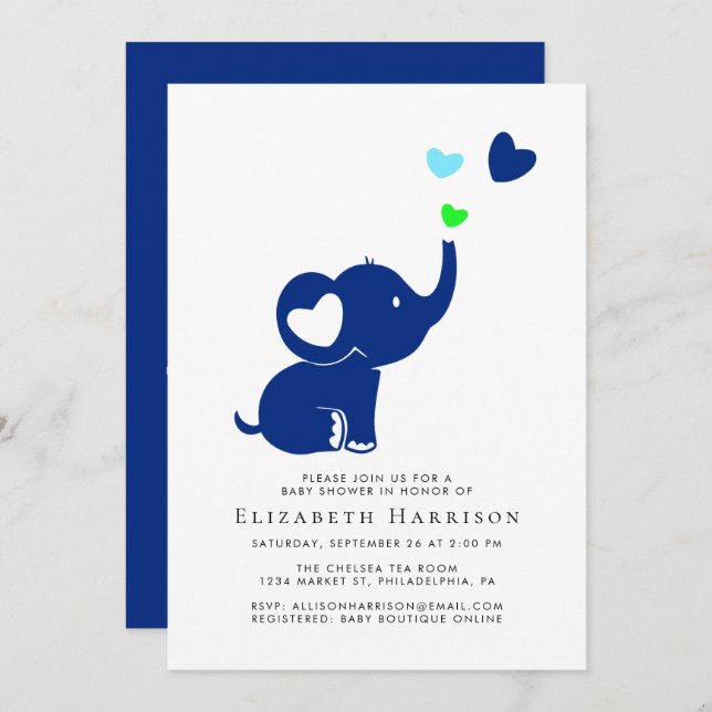 Minimal Elephant Blue Baby Shower Virtual Option Invitation (Front/Back)