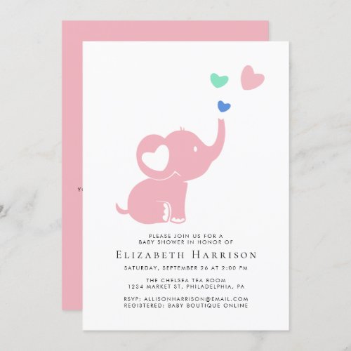 Minimal Elephant Pink Baby Shower Virtual Option Invitation