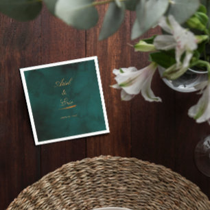 Minimal Emerald Green and Gold Script Wedding Napkins