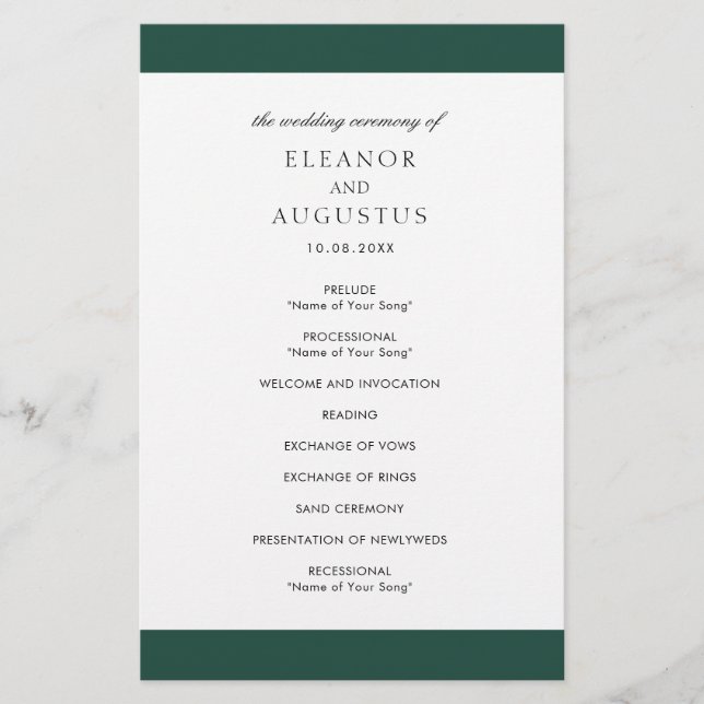 Minimal Emerald Green Budget Wedding Program Flyer (Front)
