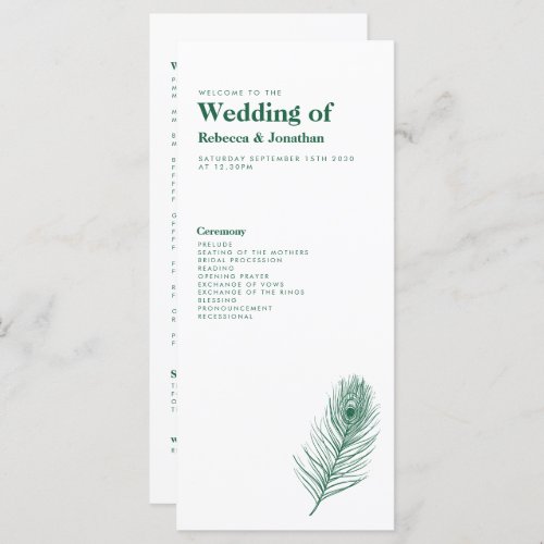 Minimal Emerald Green Feather Wedding Program