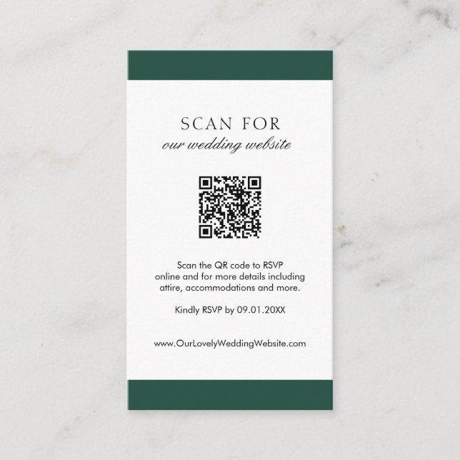 Minimal Emerald Green Modern QR Code Wedding Enclosure Card (Front)