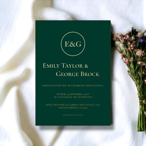Minimal Emerald Green Typography Wedding Gold Foil Invitation